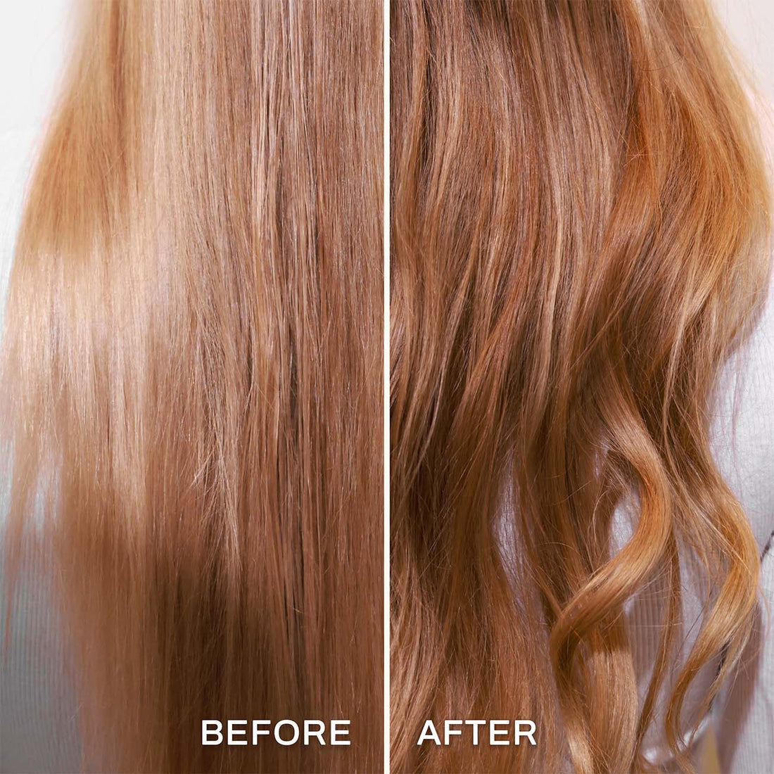 Before and after comparison of blonde hair with waves on a plain background