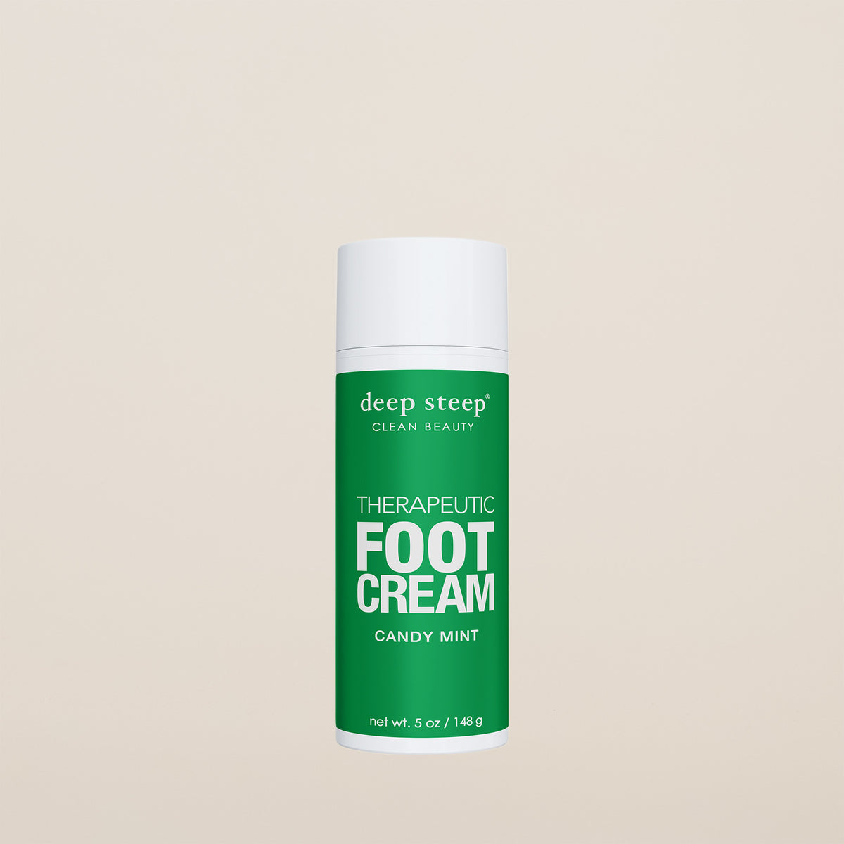 5 oz / 148 g Deep Steep Candy Mint Therapeutic Foot Cream in a green container on a neutral background