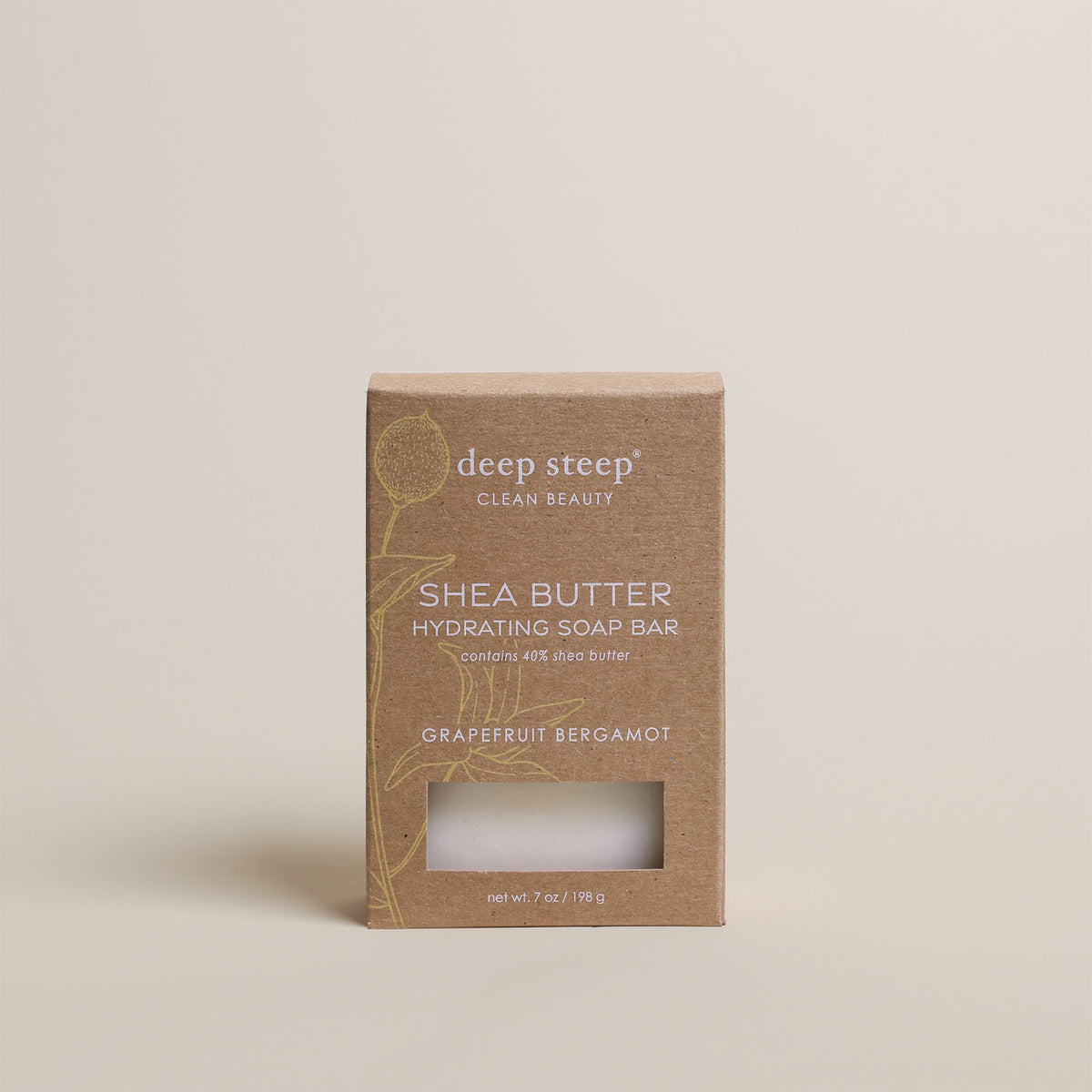 7 oz Deep Steep Grapefruit Bergamot hydrating bar soap containing 40% shea butter in a box on a beige background