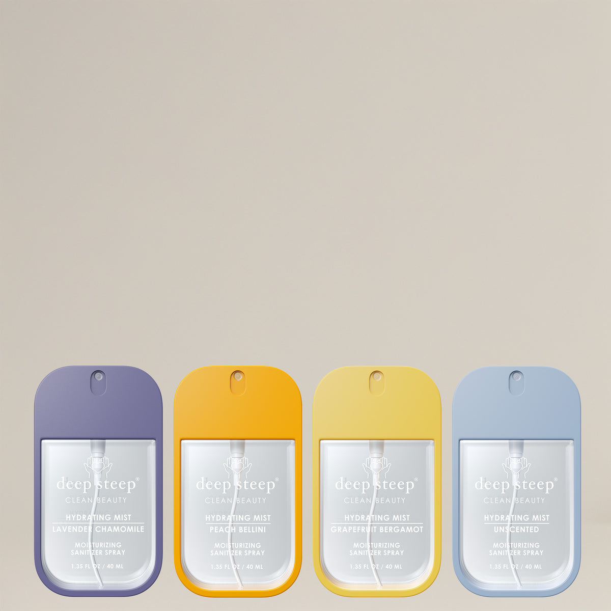 Four Deep Steep Clean Beauty hydrating sanitizer mist bottles in different colors (lavender, peach, yellow, and blue) lined up against a solid beige background.