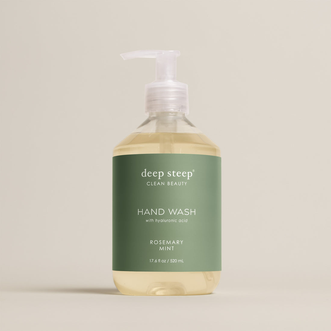 Deep Steep Rosemary Mint Liquid Hand Wash, 17.6 fl oz bottle with a pump, featuring hyaluronic acid on a neutral background