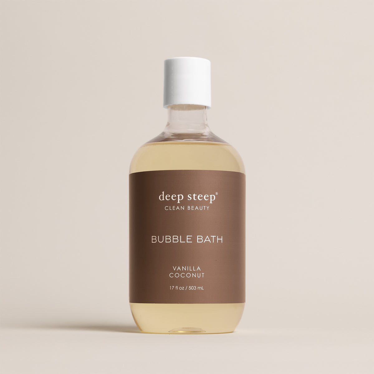 Deep Steep Vanilla Coconut Bubble Bath, 17 fl oz hypoallergenic bottle with a beige label on a neutral background