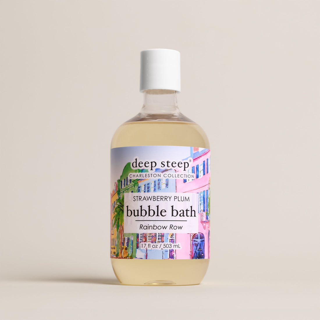 Deep Steep Charleston Collection Strawberry Plum Bubble Bath, 17 fl oz bottle with a white cap featuring an illustrated city label on a beige background