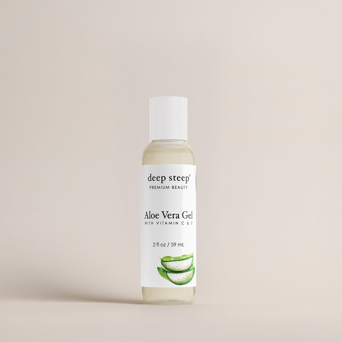 Deep Steep Aloe Vera Gel, 17.6 fl oz bottle with vitamin C and E, on a beige background
