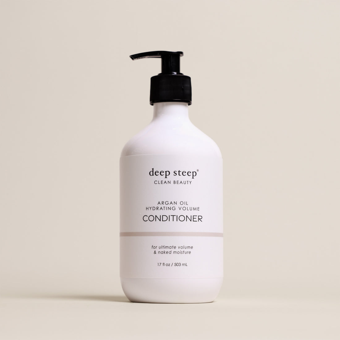 Deep Steep Argan Oil Hydrating Volume Conditioner, 17 fl oz bottle with a pump, on a beige background
