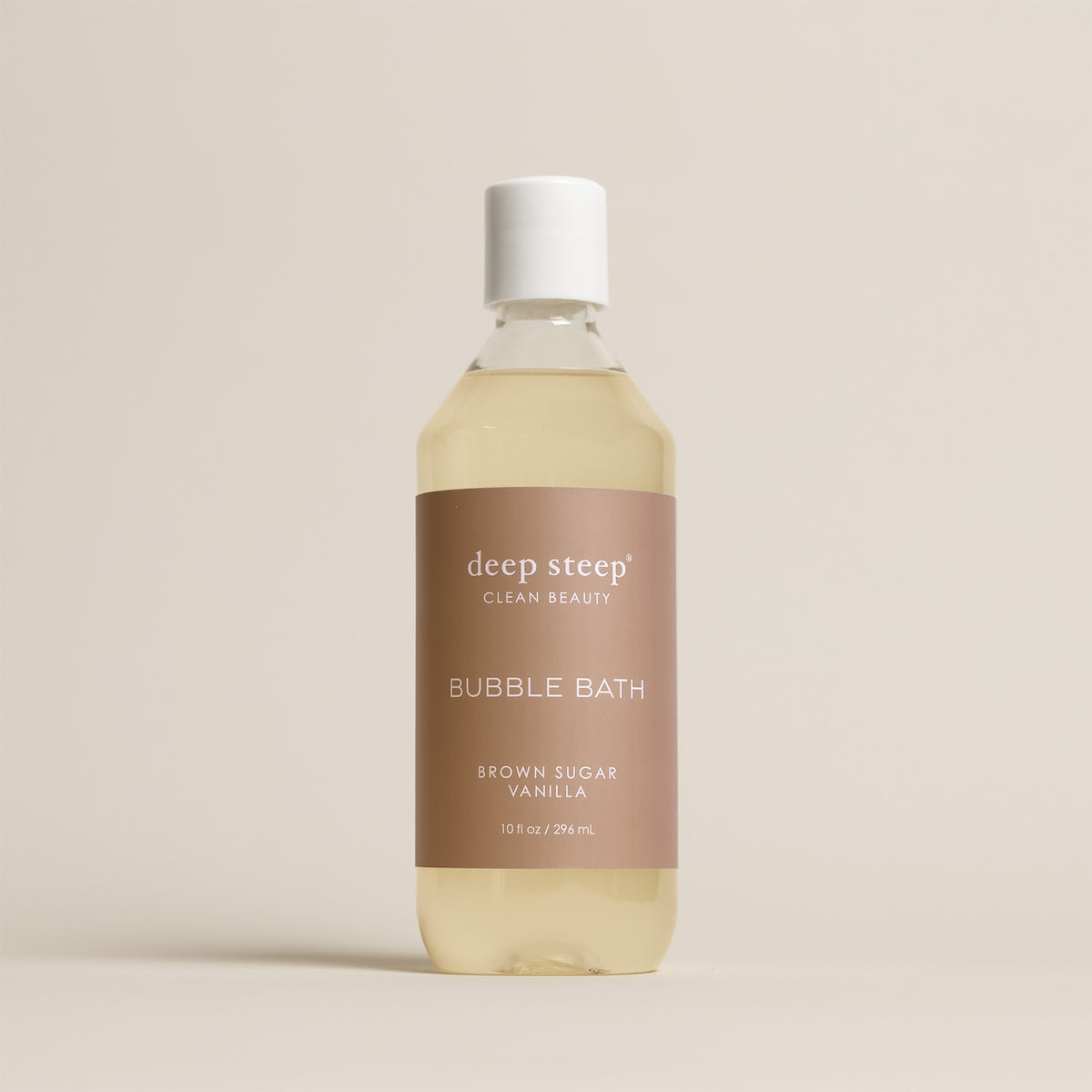 Deep Steep Brown Sugar Vanilla Bubble Bath, 10 fl oz hypoallergenic bottle on a neutral background