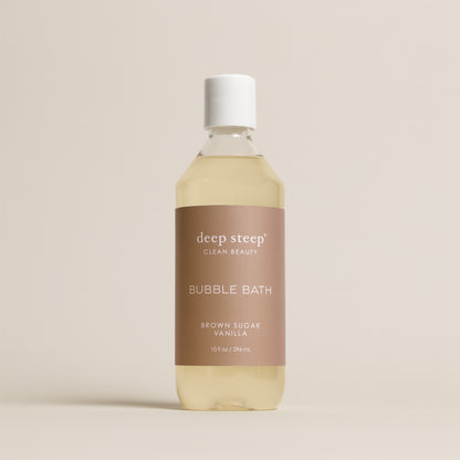 Deep Steep Brown Sugar Vanilla Bubble Bath, 10 fl oz hypoallergenic bottle on a neutral background