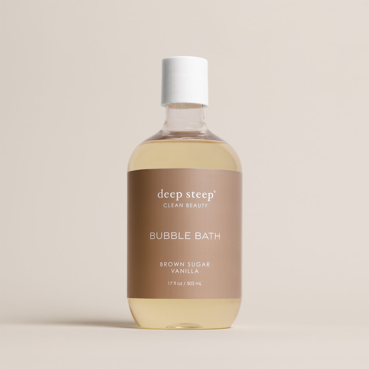Deep Steep Brown Sugar Vanilla Bubble Bath, 17 fl oz hypoallergenic bottle with a brown label on a neutral background