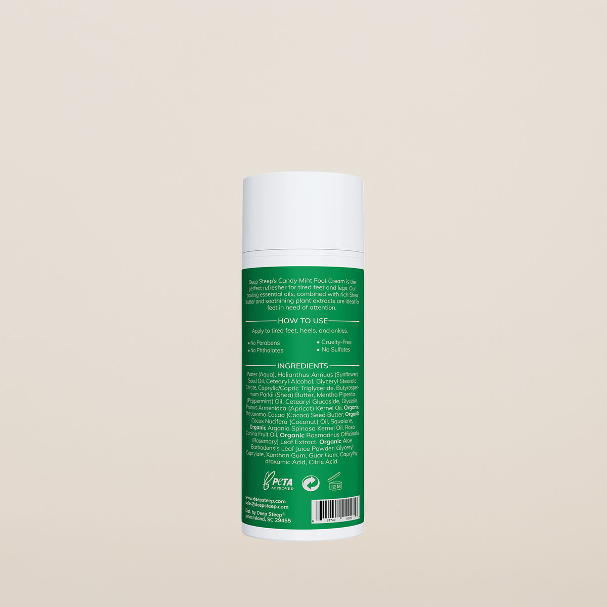 5 oz / 148 g Deep Steep Candy Mint Therapeutic Foot Cream in a green container on a neutral background