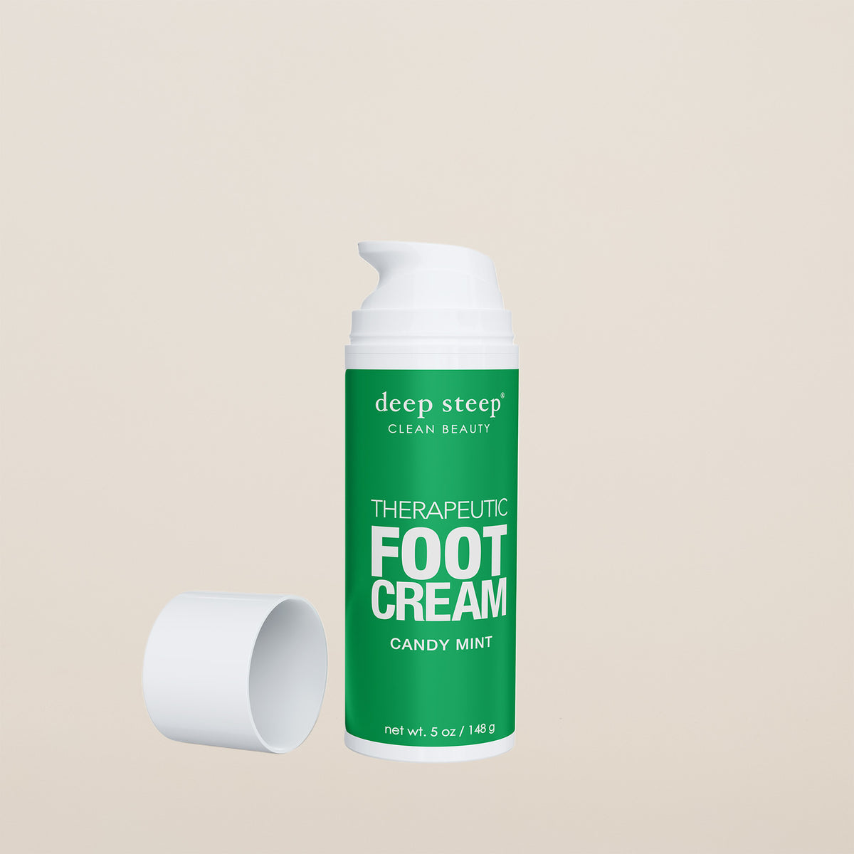 5 oz / 148 g Deep Steep Candy Mint Therapeutic Foot Cream in a green container on a neutral background