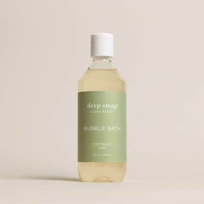 Deep Steep Coconut Lime Bubble Bath, 10 fl oz hypoallergenic bottle on a neutral background