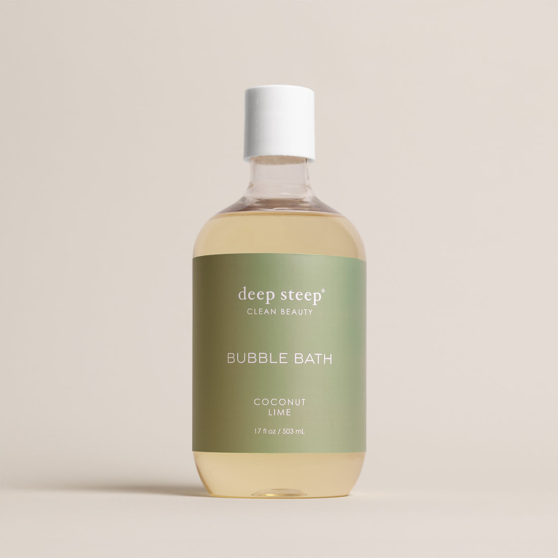 Deep Steep Coconut Lime Bubble Bath, 17 fl oz hypoallergenic bottle with a green label on a neutral background