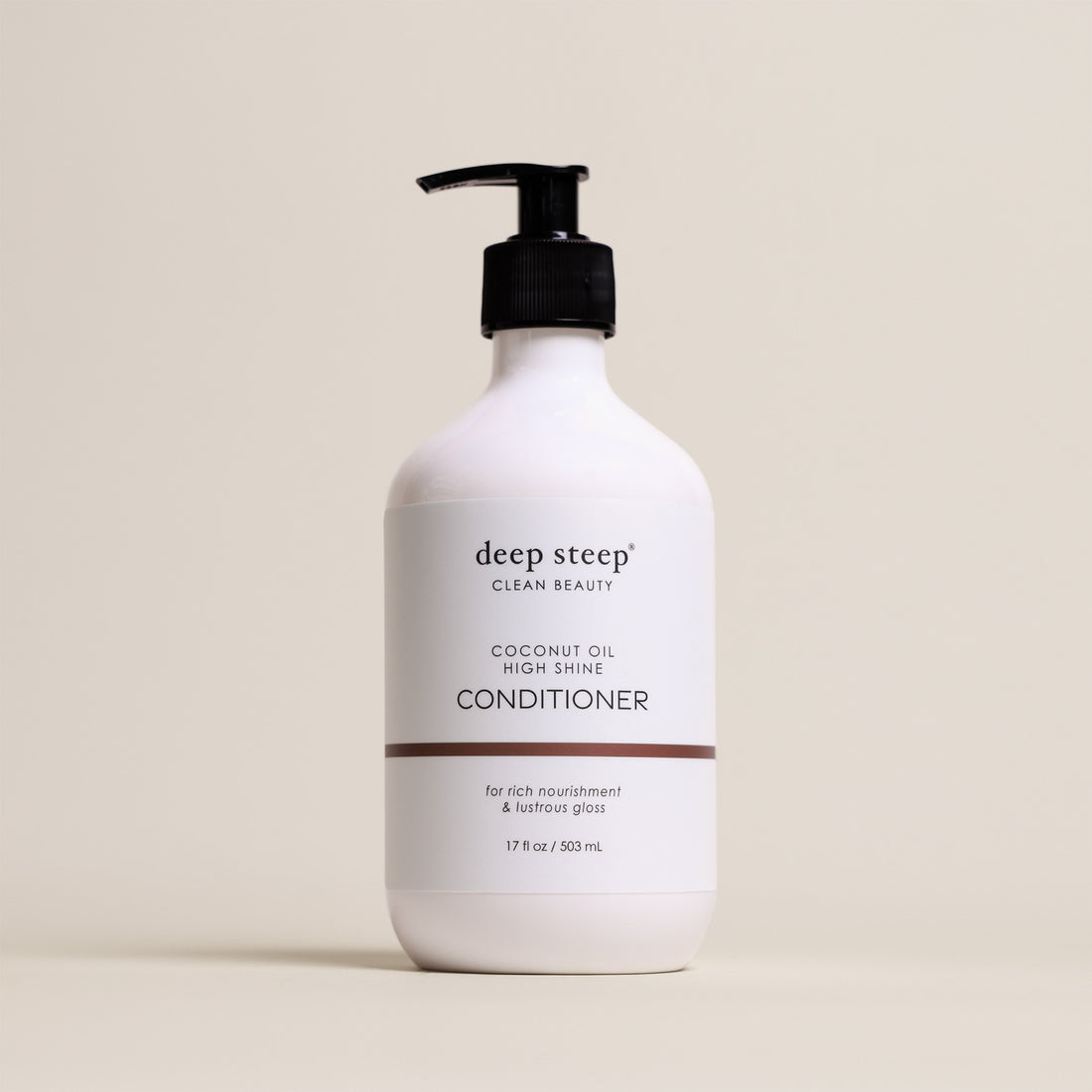 Deep Steep Coconut Oil High Shine Conditioner, 17 fl oz bottle with a pump, on a beige background