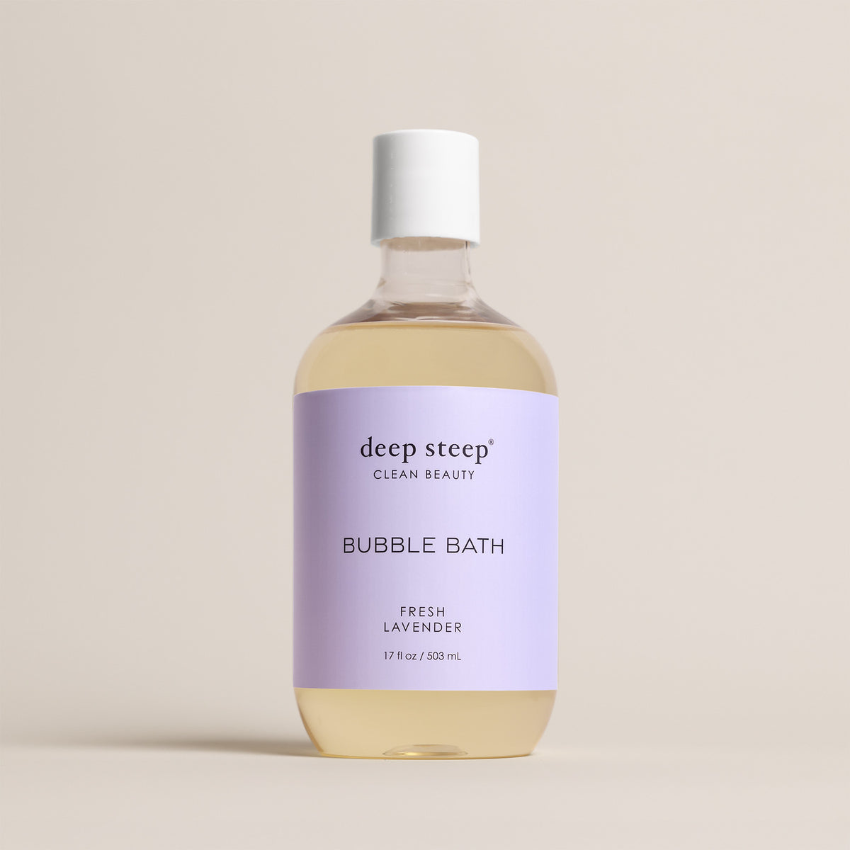 Deep Steep Fresh Lavender Bubble Bath, 17 fl oz hypoallergenic bottle with a purple label on a neutral background