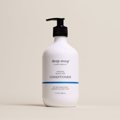 Deep Steep Intense Moisture Conditioner, 17 fl oz bottle with a pump, on a beige background