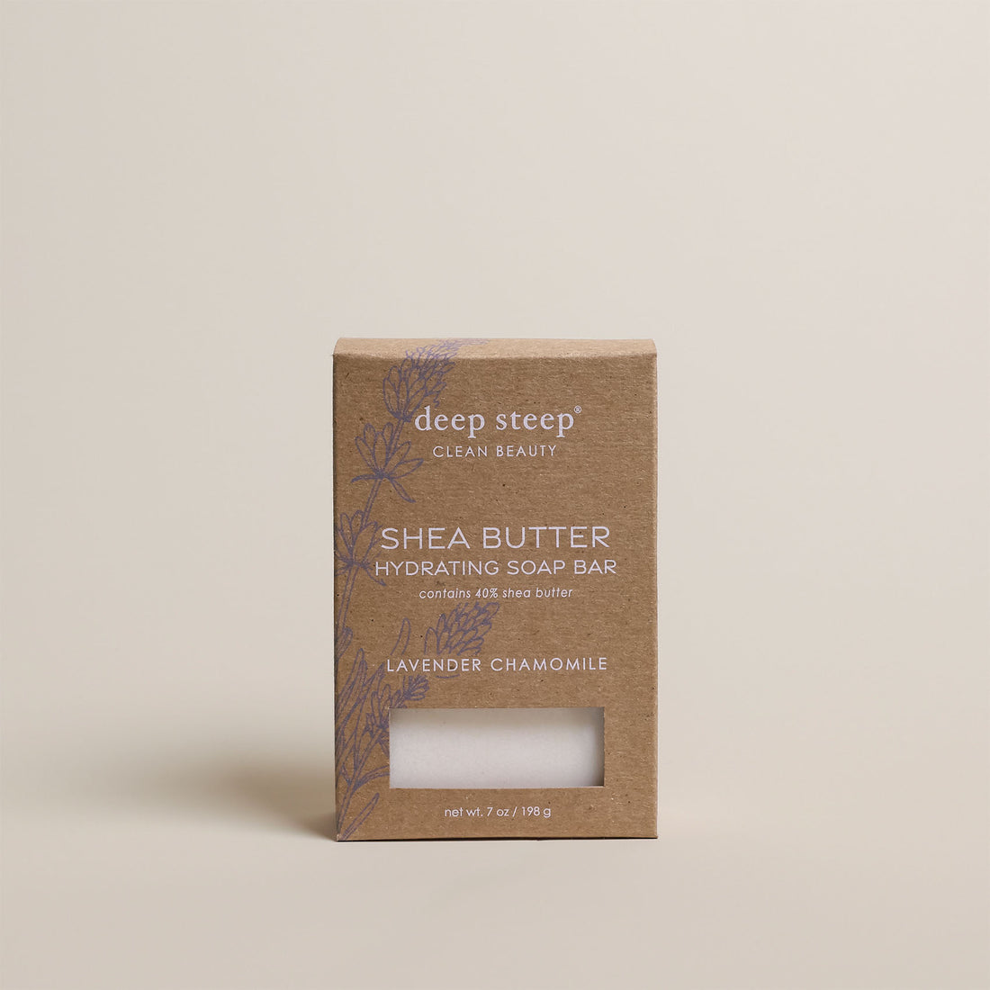 7 oz Deep Steep Lavender Chamomile hydrating bar soap containing 40% shea butter in a box on a beige background