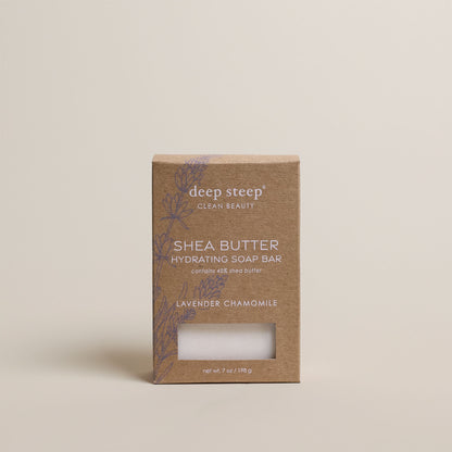 7 oz Deep Steep Lavender Chamomile hydrating bar soap containing 40% shea butter in a box on a beige background