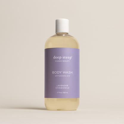 Deep Steep Lavender Chamomile Body Wash, 17 fl oz bottle, featuring hyaluronic acid