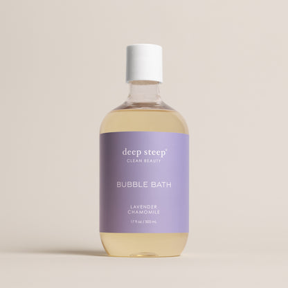 Deep Steep Lavender Chamomile Bubble Bath, 17 fl oz hypoallergenic bottle with a lavender label on a neutral background