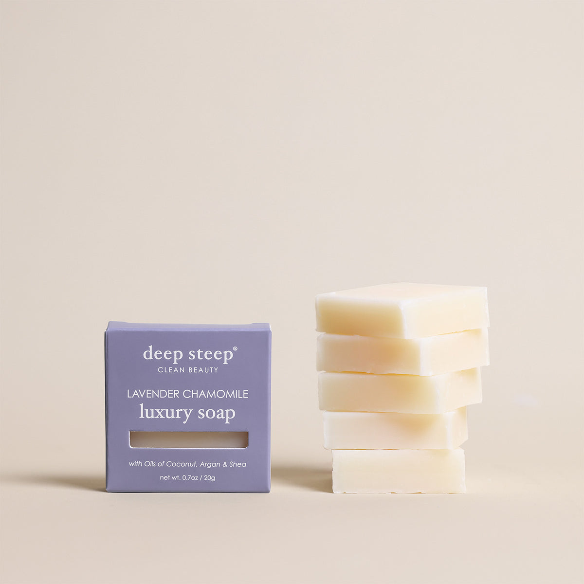 Deep Steep Lavender Chamomile luxury soap bar, 0.7 oz net weight, next to its packaging box made with coconut, argan, and shea oils, 5 Pack