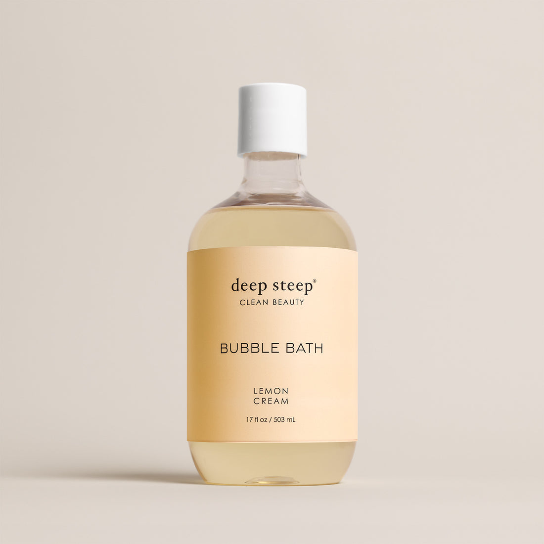 Deep Steep Lemon Cream Bubble Bath, 17 fl oz hypoallergenic bottle with a pale yellow label on a neutral background
