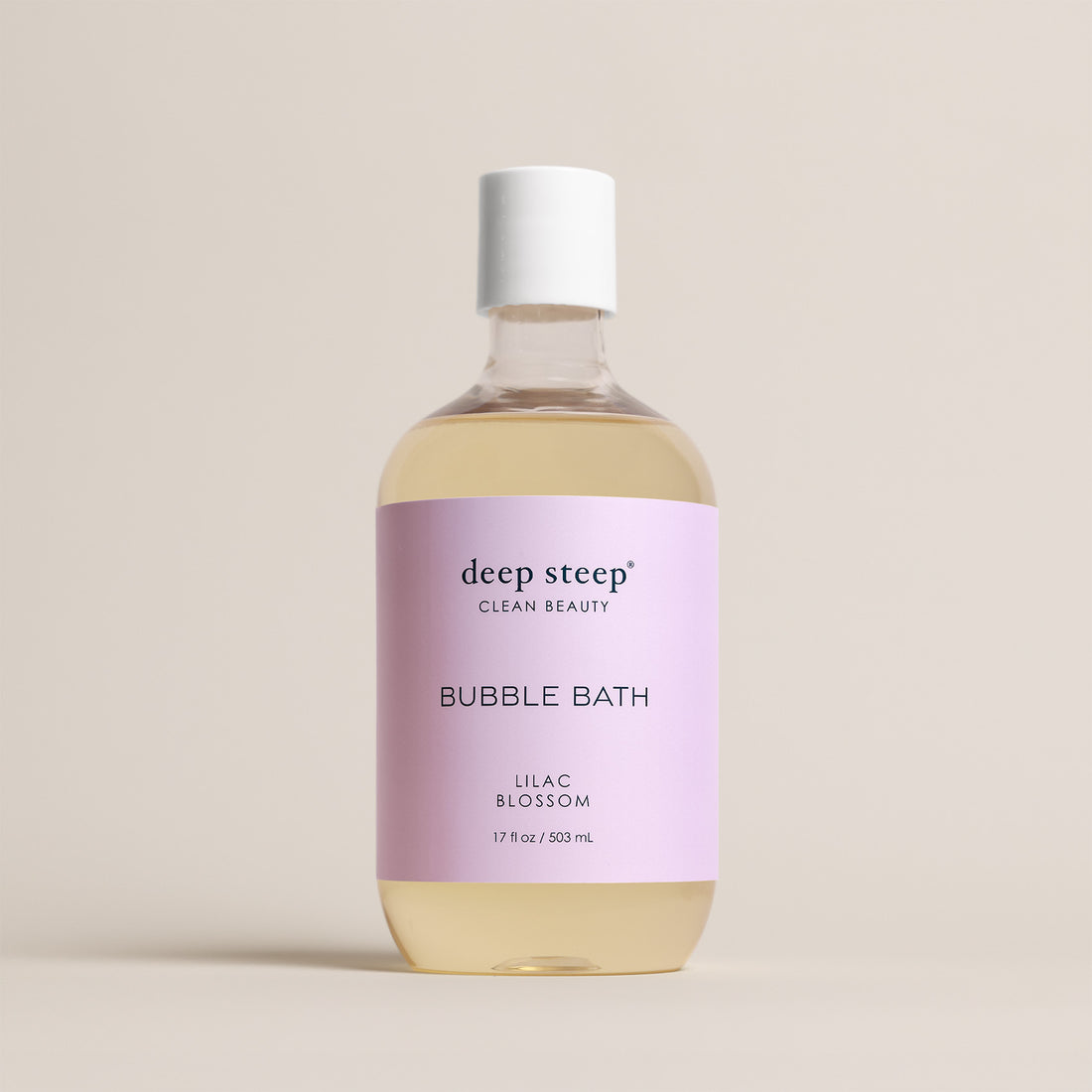 Deep Steep Lilac Blossom Bubble Bath, 17 fl oz hypoallergenic bottle with a light purple label on a neutral background