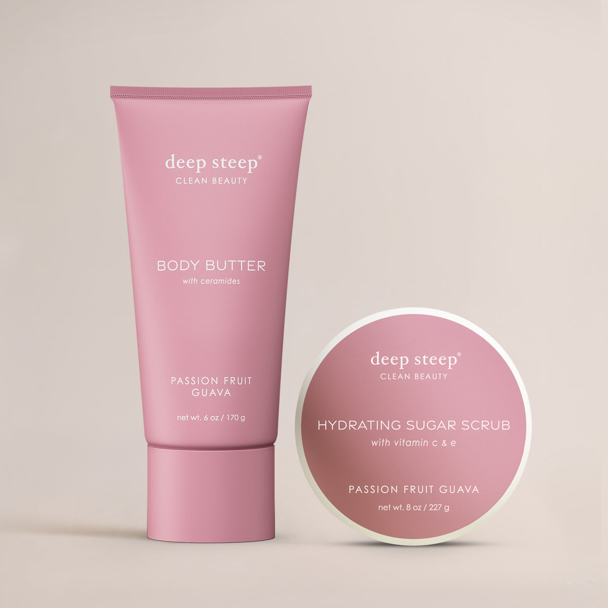 Deep Steep Passion Fruit Guava Body Butter and Sugar Scrub bundle featuring 8 oz hydration scrub and moisturizing body butter against a neutral background