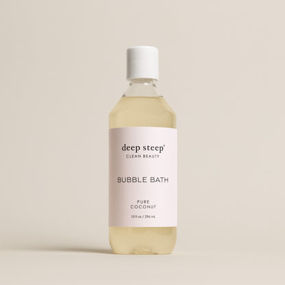 Deep Steep Pure Coconut Bubble Bath, 10 fl oz hypoallergenic bottle on a neutral background
