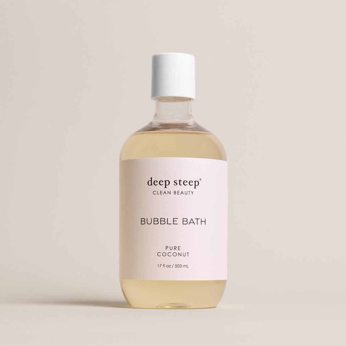 Deep Steep Pure Coconut Bubble Bath, 17 fl oz hypoallergenic bottle with a white and tan label on a neutral background