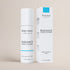 Deep Steep Radiance Cream Cleanser bottle and its matching outer box, displayed on a warm beige background. The packaging features white with black text and a bright teal blue accent stripe.