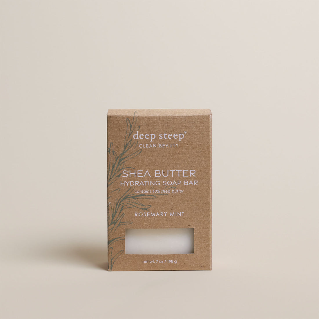 7 oz Deep Steep Rosemary Mint hydrating bar soap containing 40% shea butter in a box on a beige background