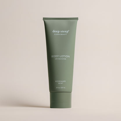 Deep Steep Rosemary Mint Body Lotion, 8 fl oz tube, featuring niacinamide on a beige background