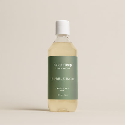 Deep Steep Rosemary Mint Bubble Bath, 10 fl oz hypoallergenic bottle on a neutral background