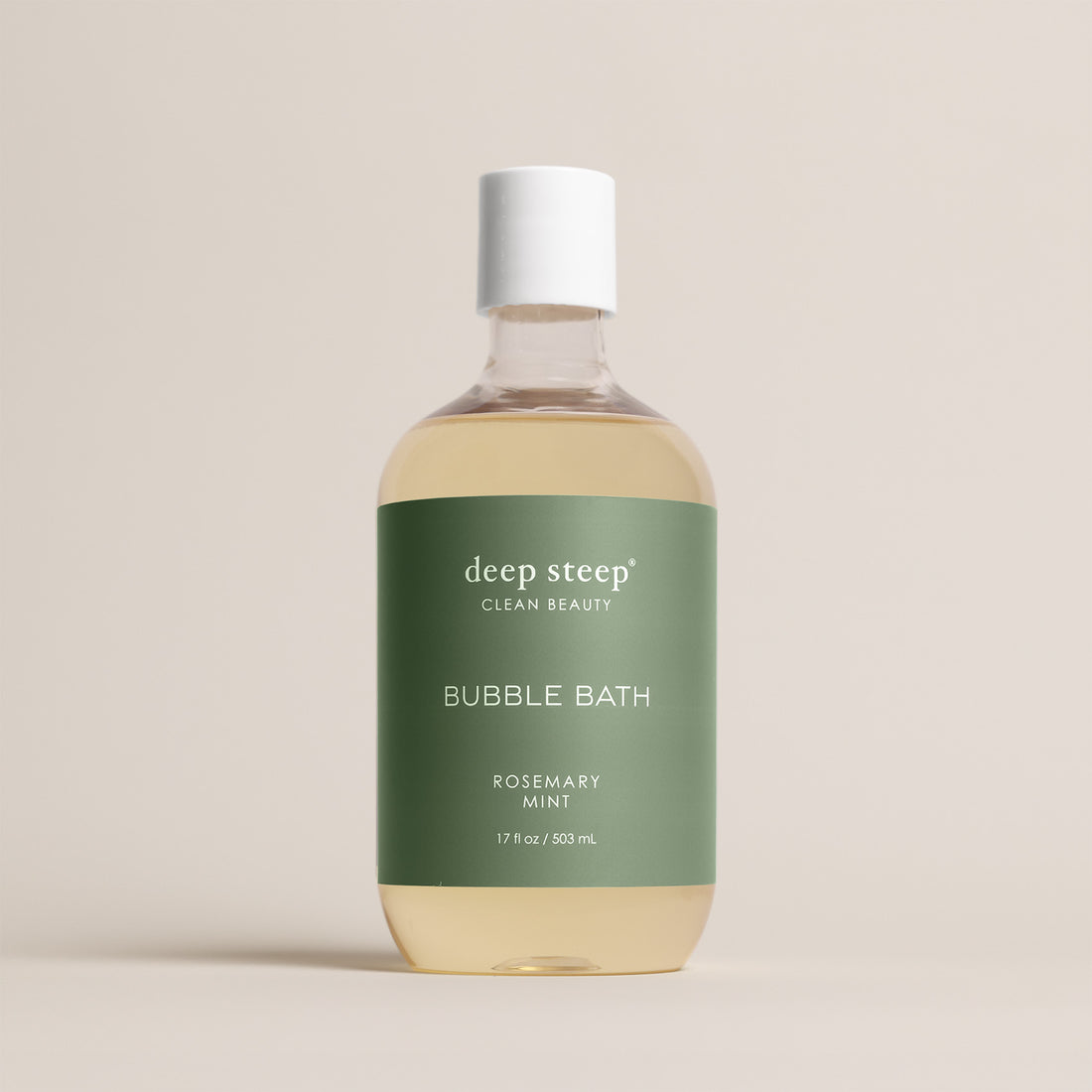 Deep Steep Rosemary Mint Bubble Bath, 17 fl oz hypoallergenic bottle with a green label on a neutral background