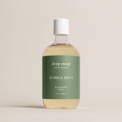 Deep Steep Rosemary Mint Bubble Bath, 17 fl oz hypoallergenic bottle with a green label on a neutral background