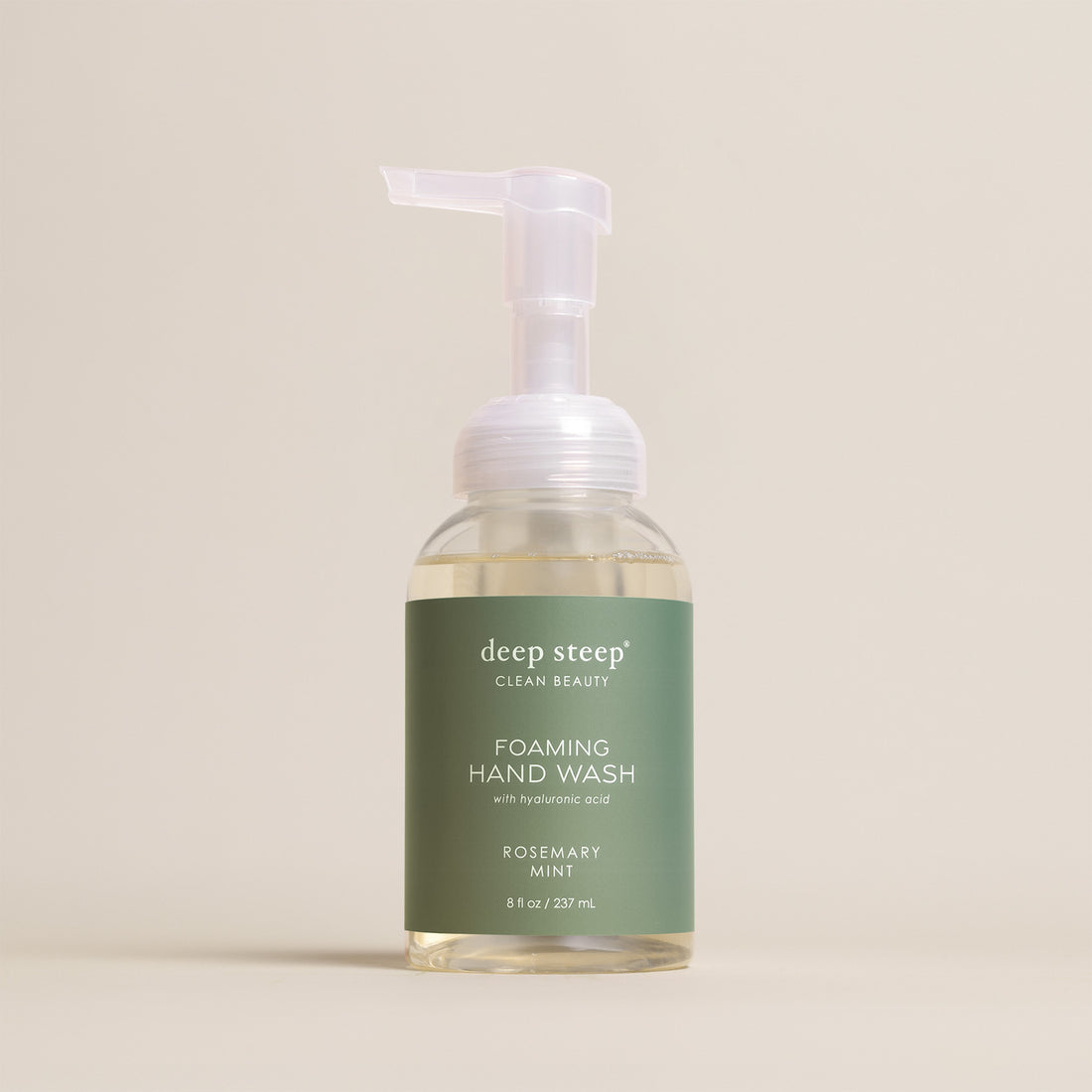 Deep Steep Rosemary Mint Foaming Hand Wash, 8 fl oz bottle with a pump, featuring hyaluronic acid on a neutral background