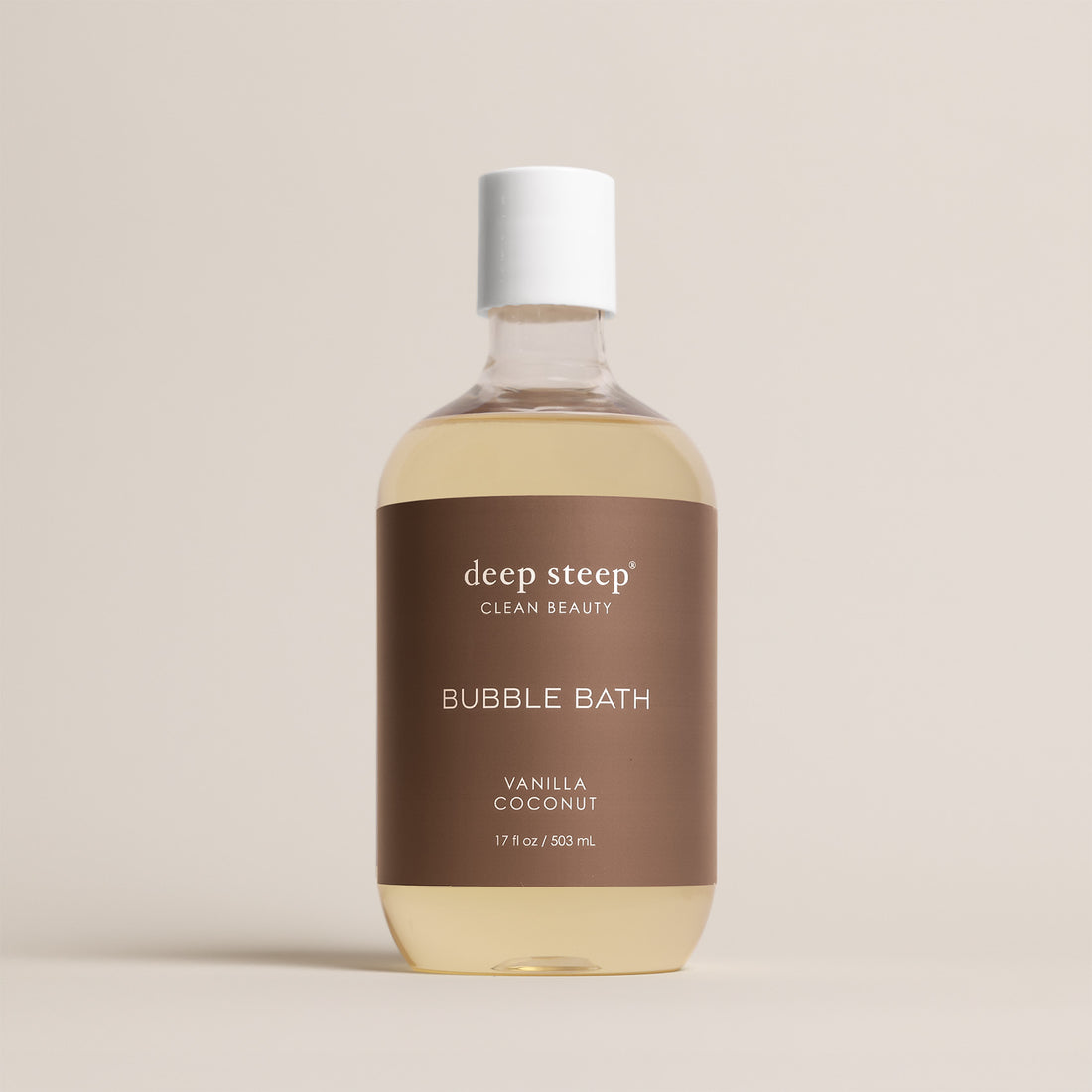 Deep Steep Vanilla Coconut Bubble Bath, 17 fl oz hypoallergenic bottle with a beige label on a neutral background