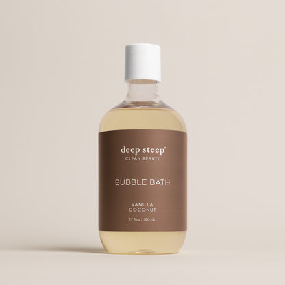 Deep Steep Vanilla Coconut Bubble Bath, 17 fl oz hypoallergenic bottle with a beige label on a neutral background