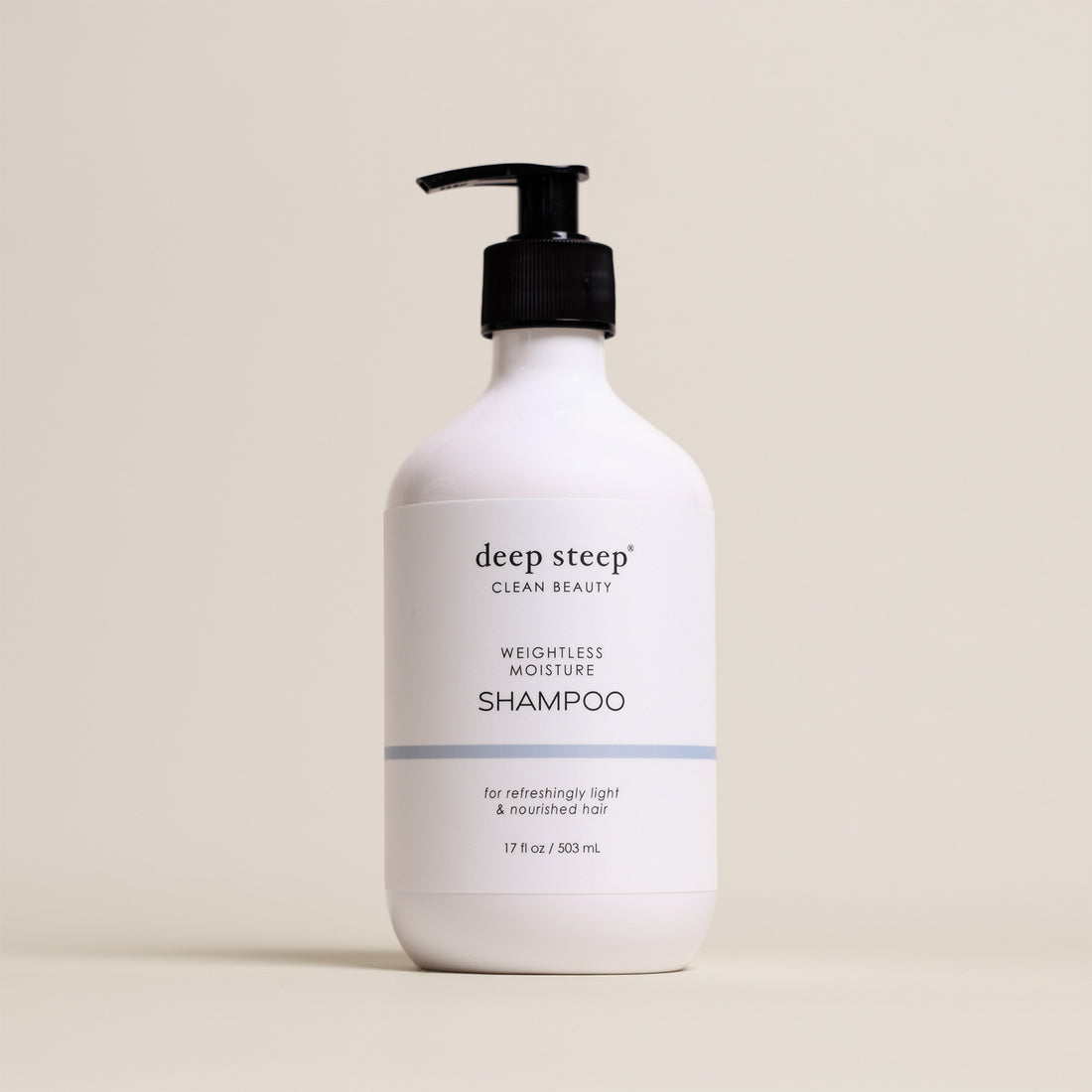 Deep Steep Weightless Moisture Shampoo, 17 fl oz bottle with a pump, on a beige background