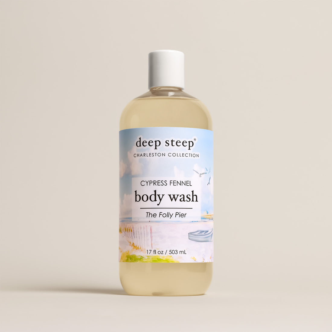 Deep Steep Charleston Collection - Cypress Fennel Body Wash, 17 fl oz bottle with a white cap on a beige background