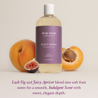 A bottle of deep steep Clean Beauty body wash with apricot scent, shown with whole and halved apricots and a fig on a warm beige background. Purple text below reads: &