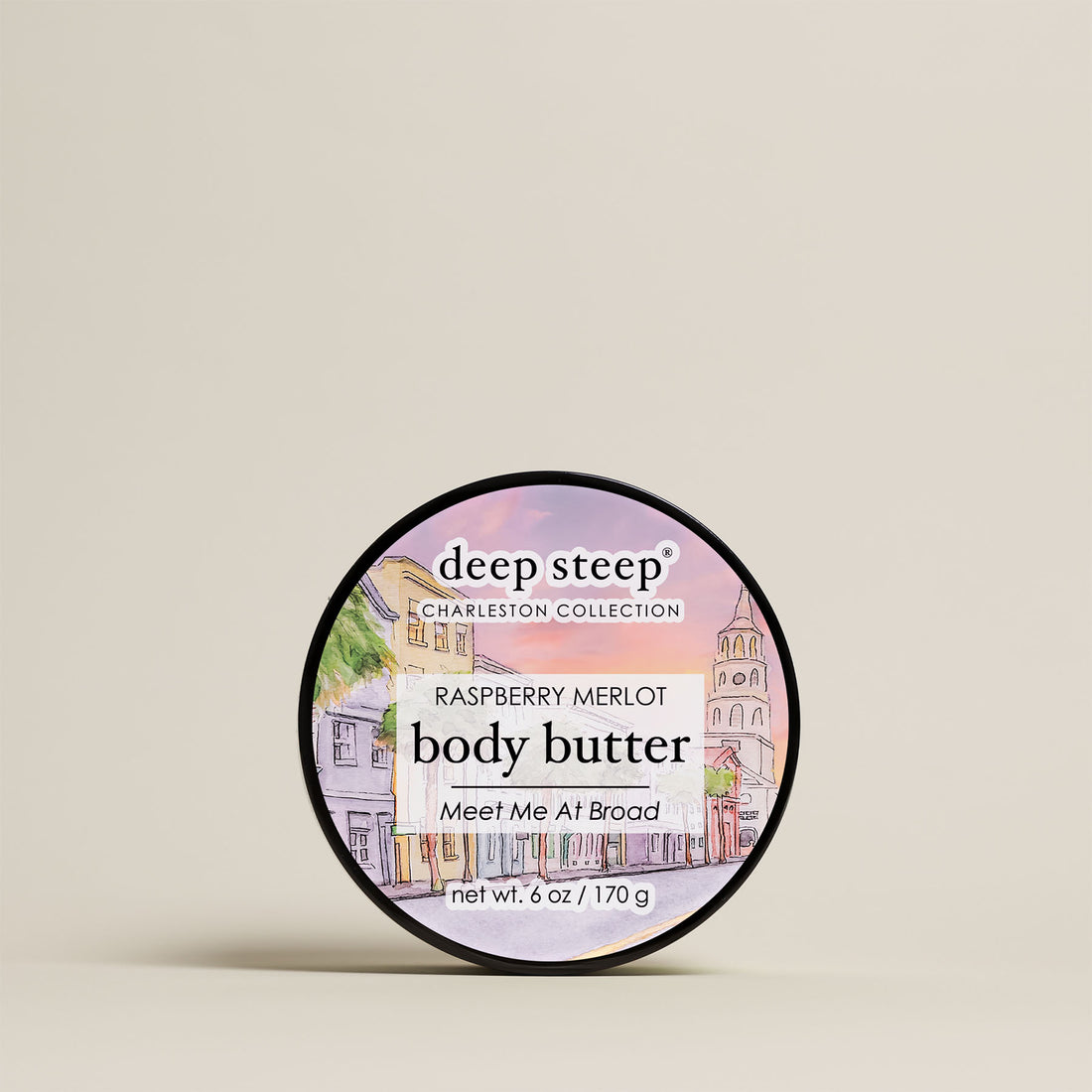 Deep Steep Charleston Collection Raspberry Merlot Body Butter, 6 oz jar featuring an illustrated city label on a beige background