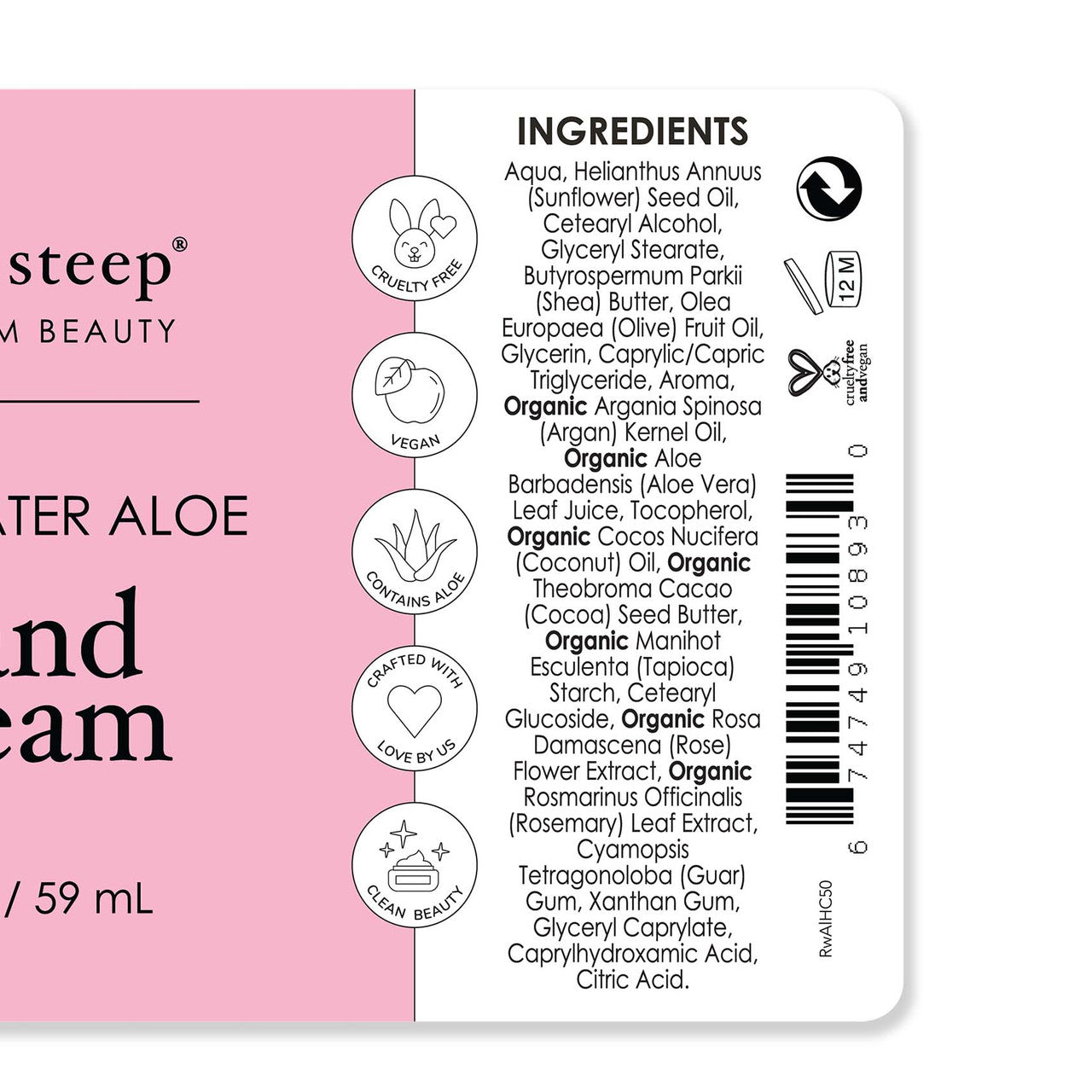 Hand Cream Rosewater + Aloe 2oz - Back