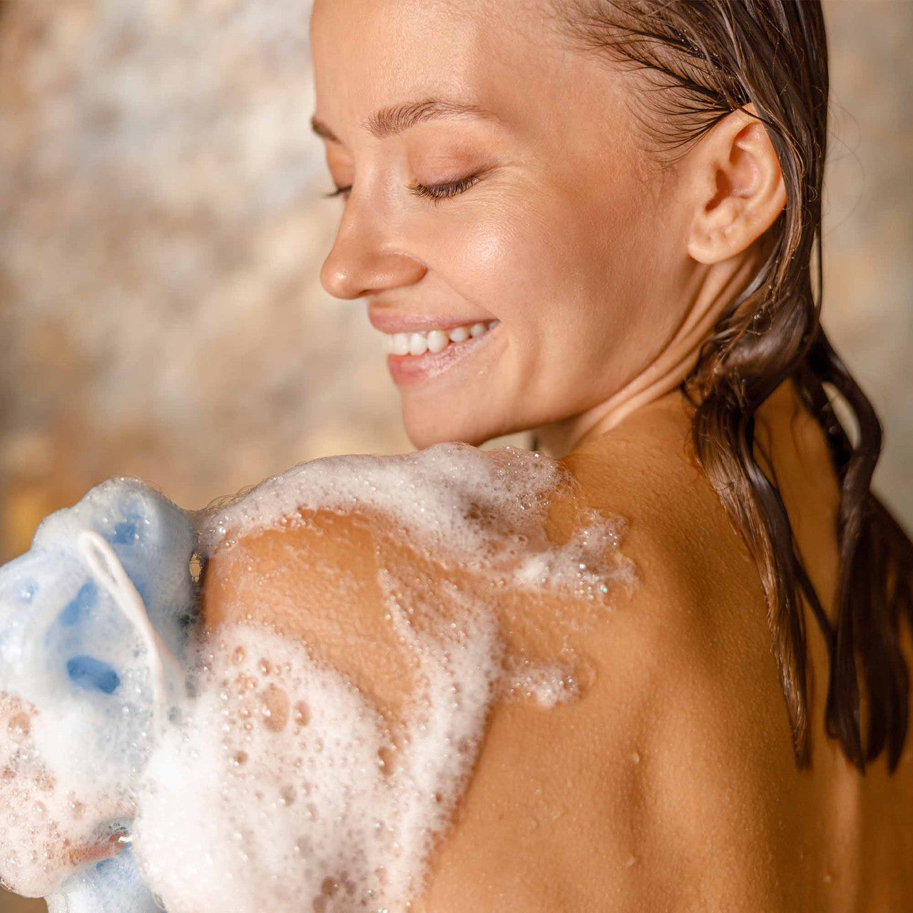 Deep Steep Woman Washing Body with Body Wash